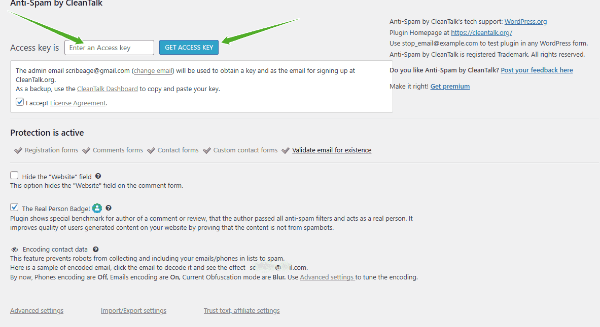 Entering the CleanTalk Access Key
