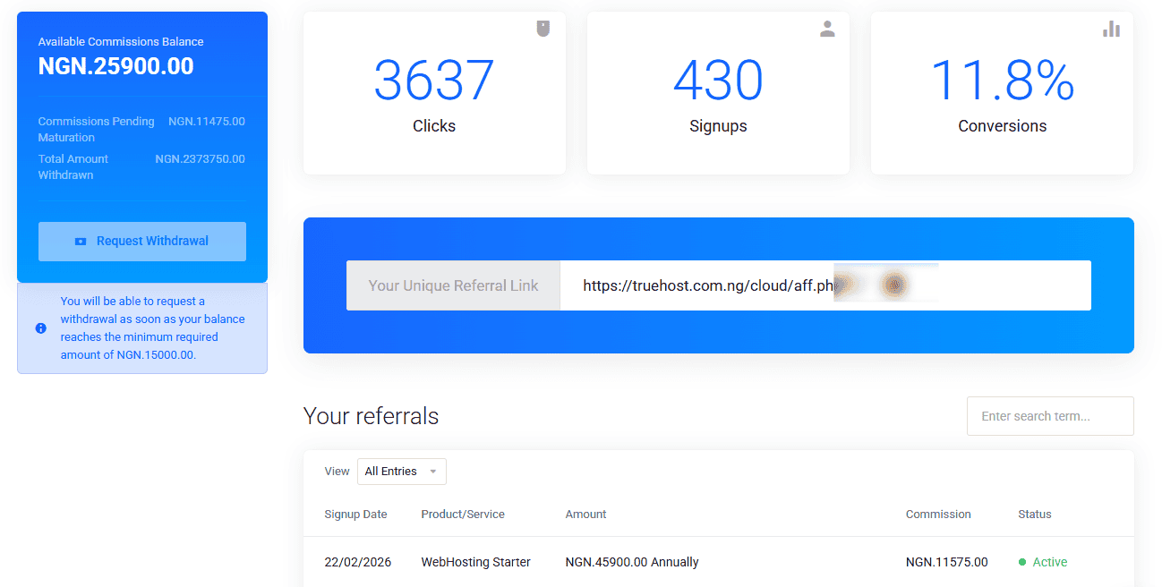 TrueHost Affiliate Dashboard