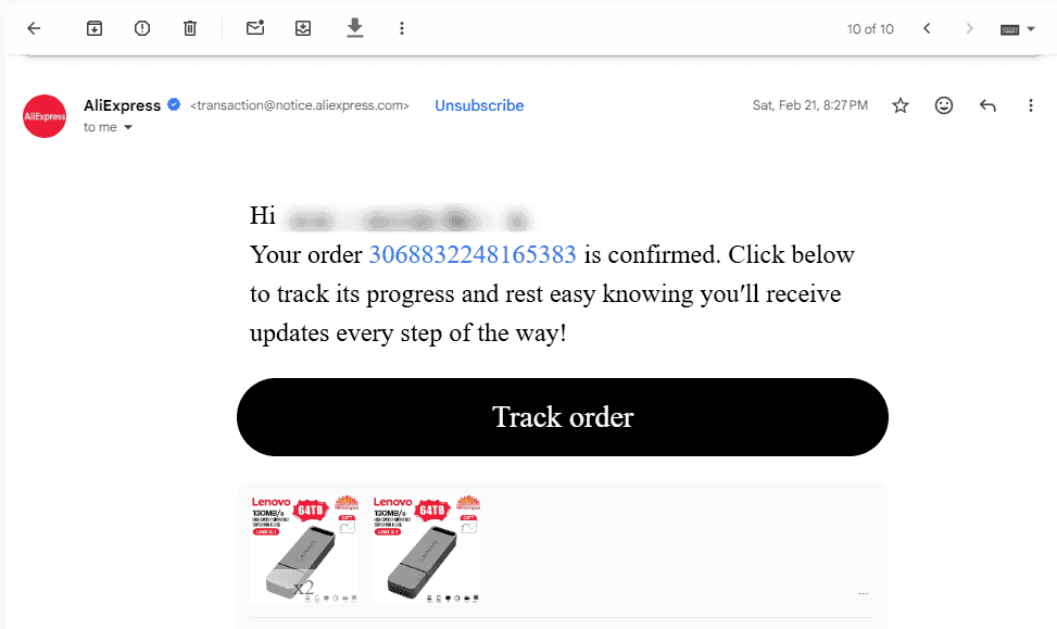 AliExpress order confirmation transactional email example