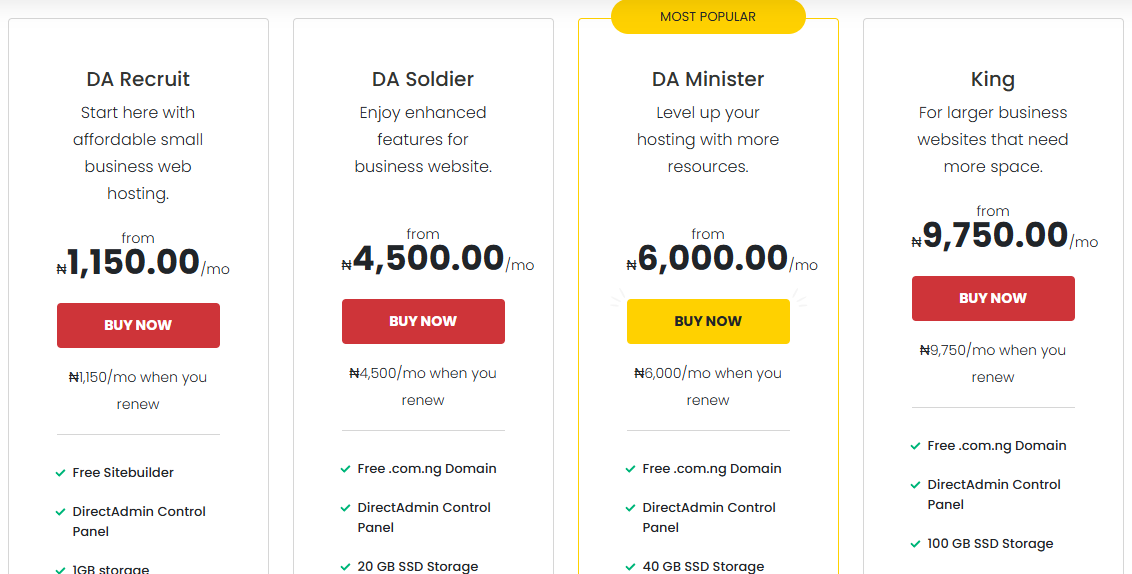DomainKing Shared Hosting Pricing
