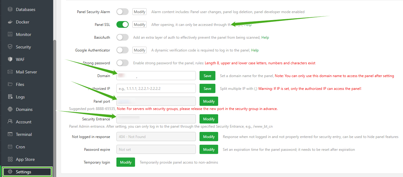 aaPanel Settings Page